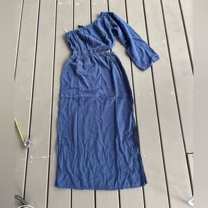 bobi Blue Maxi Dress One Shoulder Long Sleeve Cut Out